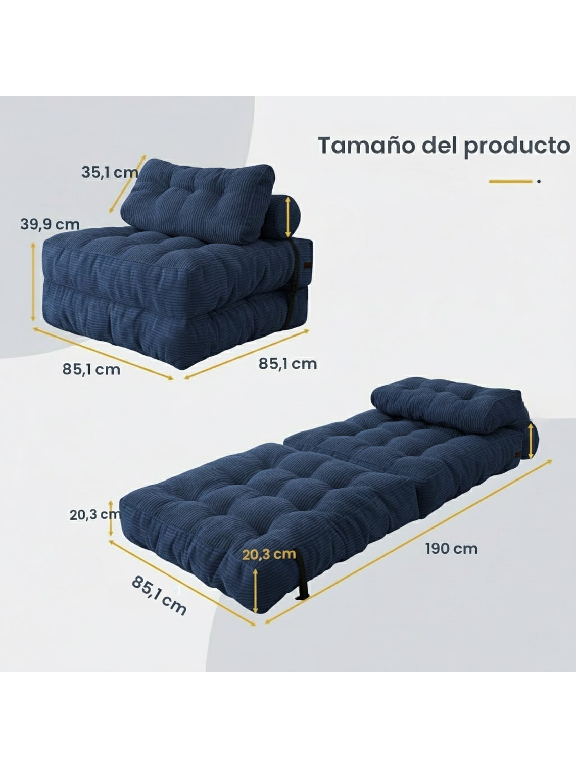 Silla Sofá Cama 190x85cm Puff Plegable Acolchada Hogar Azul 2