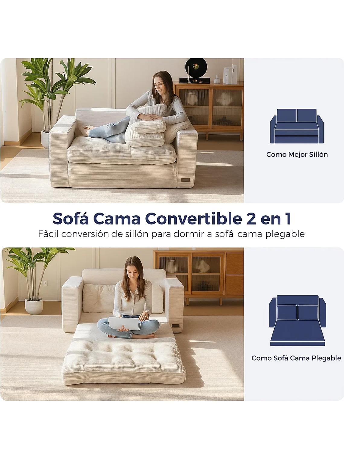Sofa Cama 2 en 1 Convertible Plegable Espuma Densa 4