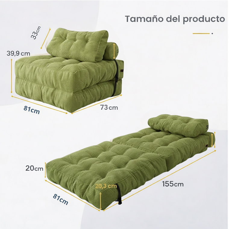 Silla Sofá Cama 155x81cm Puff Plegable Acolchada Hogar Verde 2