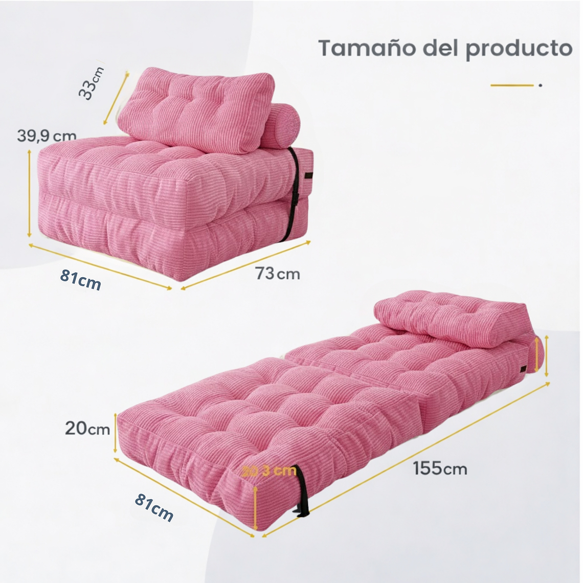 Silla Sofá Cama 155x81cm Puff Plegable Acolchada Hogar Rosa 2