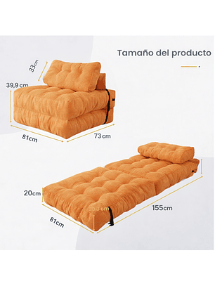 Silla Sofá Cama 155x81cm Puff Plegable Acolchada Hogar Naranja