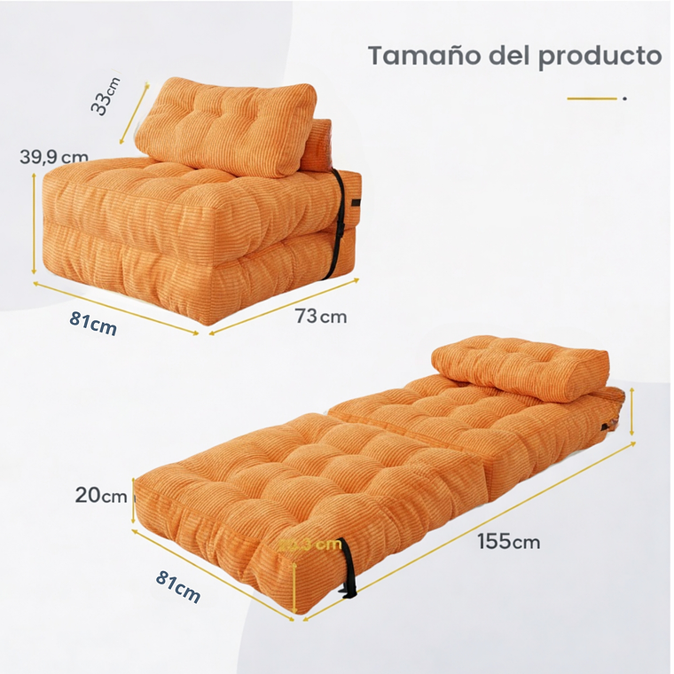 Silla Sofá Cama 155x81cm Puff Plegable Acolchada Hogar Naranja 2