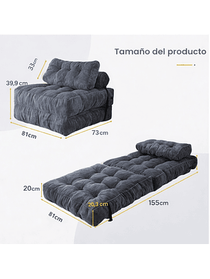 Silla Sofá Cama 155x81cm Puff Plegable Acolchada Hogar Gris