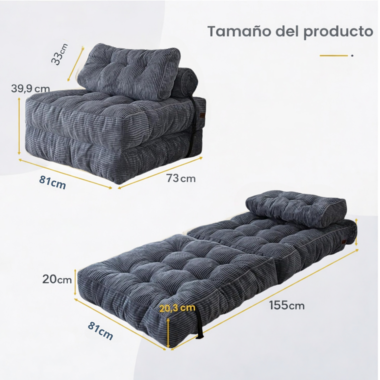 Silla Sofá Cama 155x81cm Puff Plegable Acolchada Hogar Gris 2