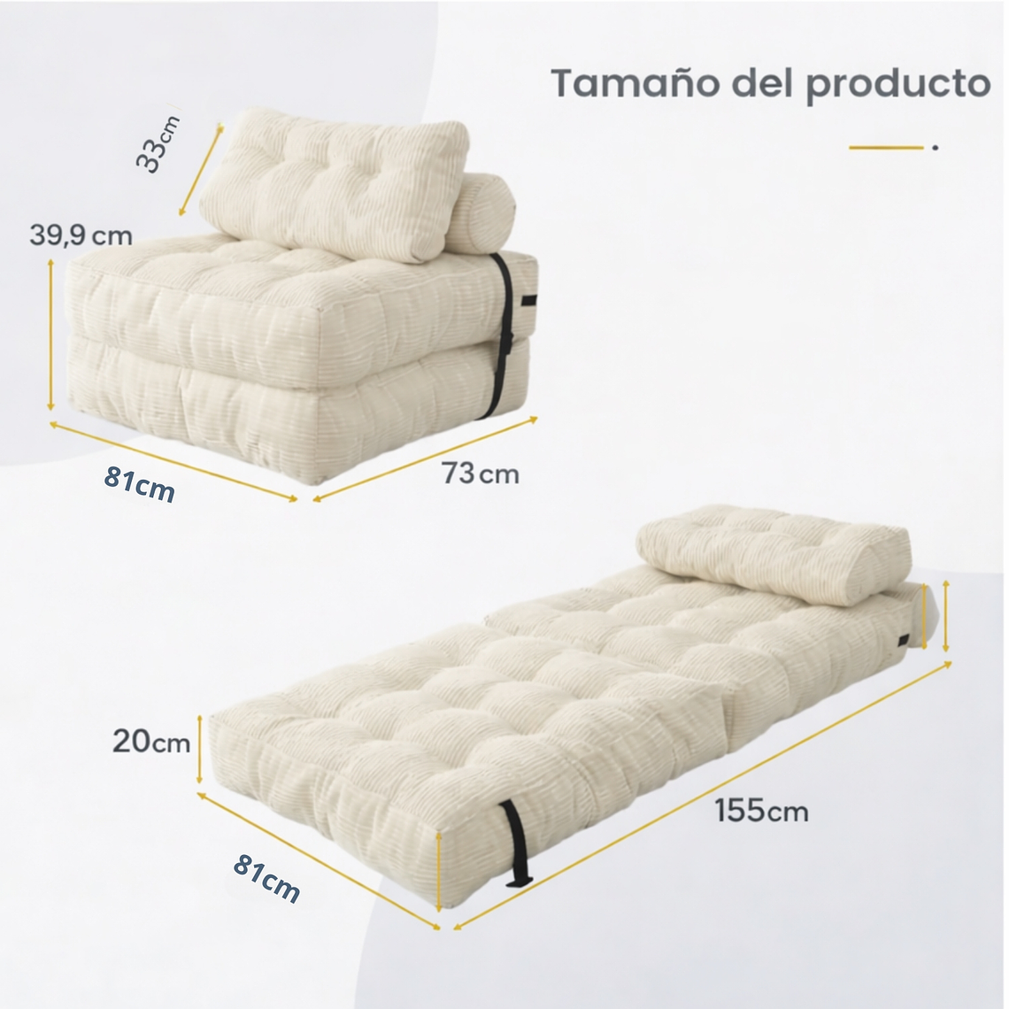Silla Sofá Cama 155x81cm Puff Plegable Acolchada Hogar Beige 2