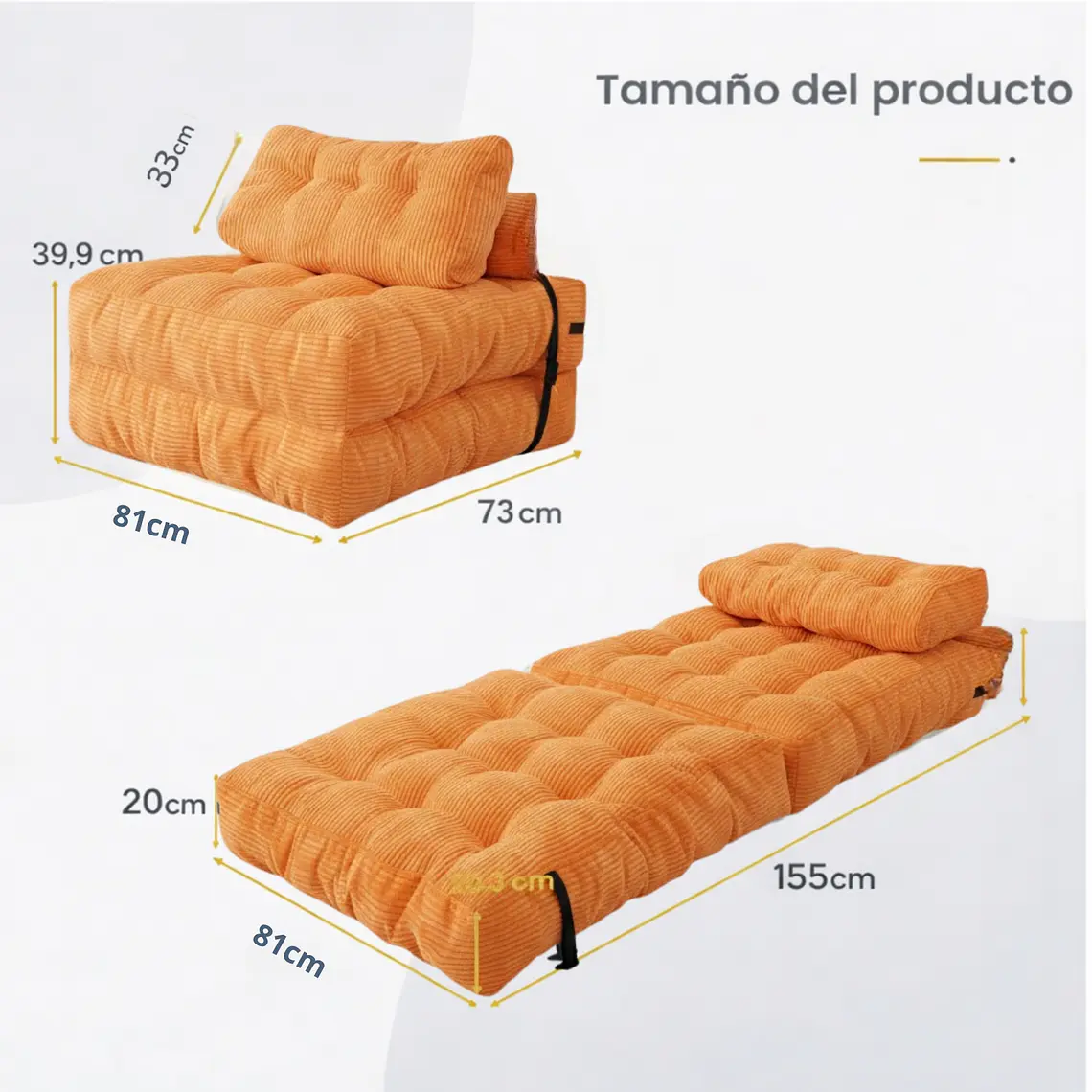 Silla Sofá Cama 155x81cm Puff Plegable Acolchada Hogar Naranja (Reacondicionado) 2