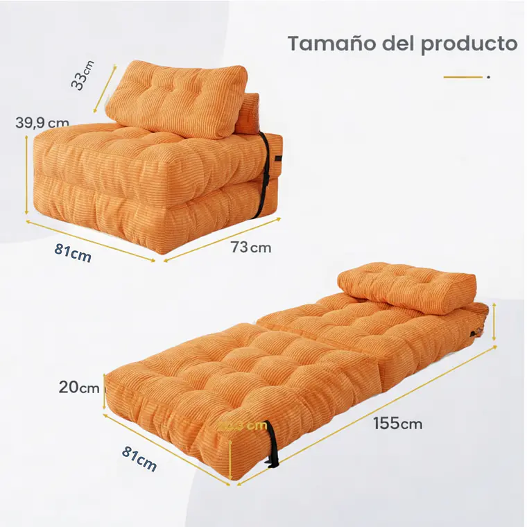 Silla Sofá Cama 155x81cm Puff Plegable Acolchada Hogar Naranja (Reacondicionado) 2