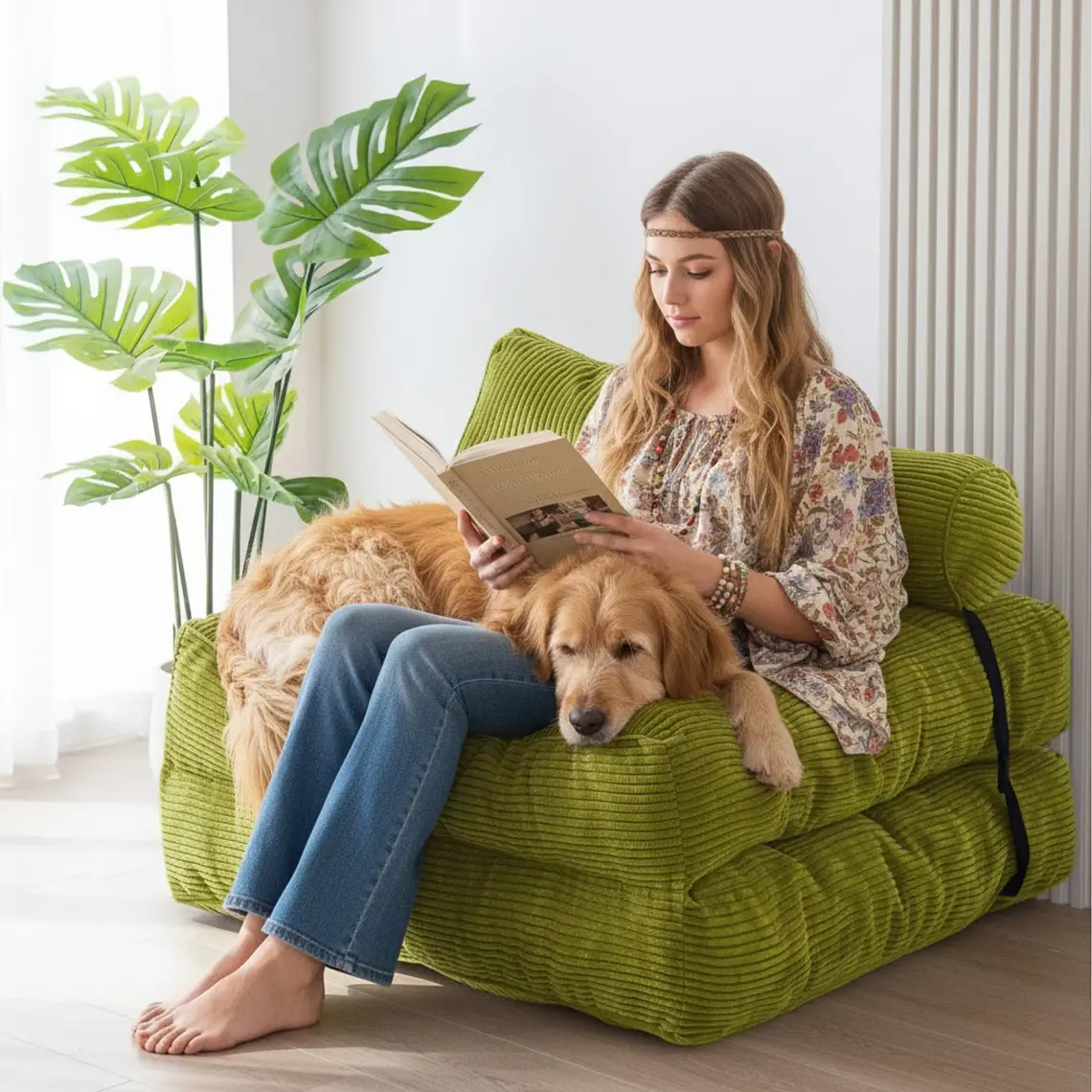 Silla Sofá Cama 155x81cm Puff Plegable Acolchada Hogar Verde (Recondicionado) 4