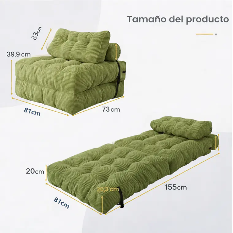 Silla Sofá Cama 155x81cm Puff Plegable Acolchada Hogar Verde (Recondicionado) 2