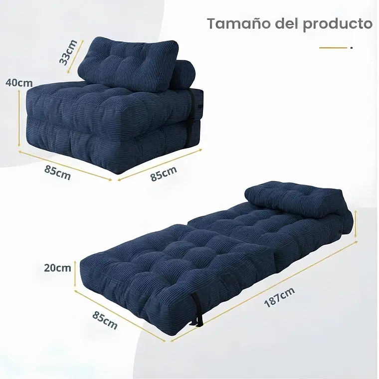 Silla Sofá Cama 187x85cm Puff Plegable Acolchada Hogar Azul 4