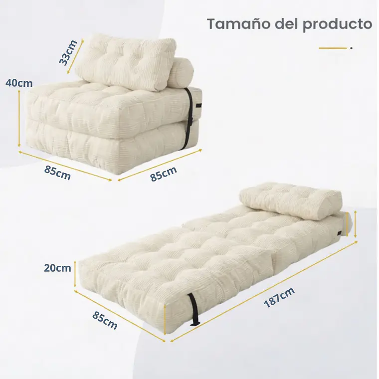 Silla Sofá Cama 187x85cm Puff Plegable Acolchada Hogar Beige 5