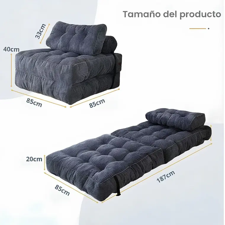 Silla Sofá Cama 187x85cm Puff Plegable Acolchada Hogar Gris 4