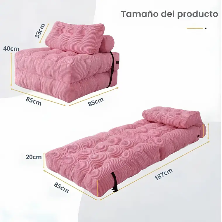 Silla Sofá Cama 187x85cm Puff Plegable Acolchada Hogar Rosa 5