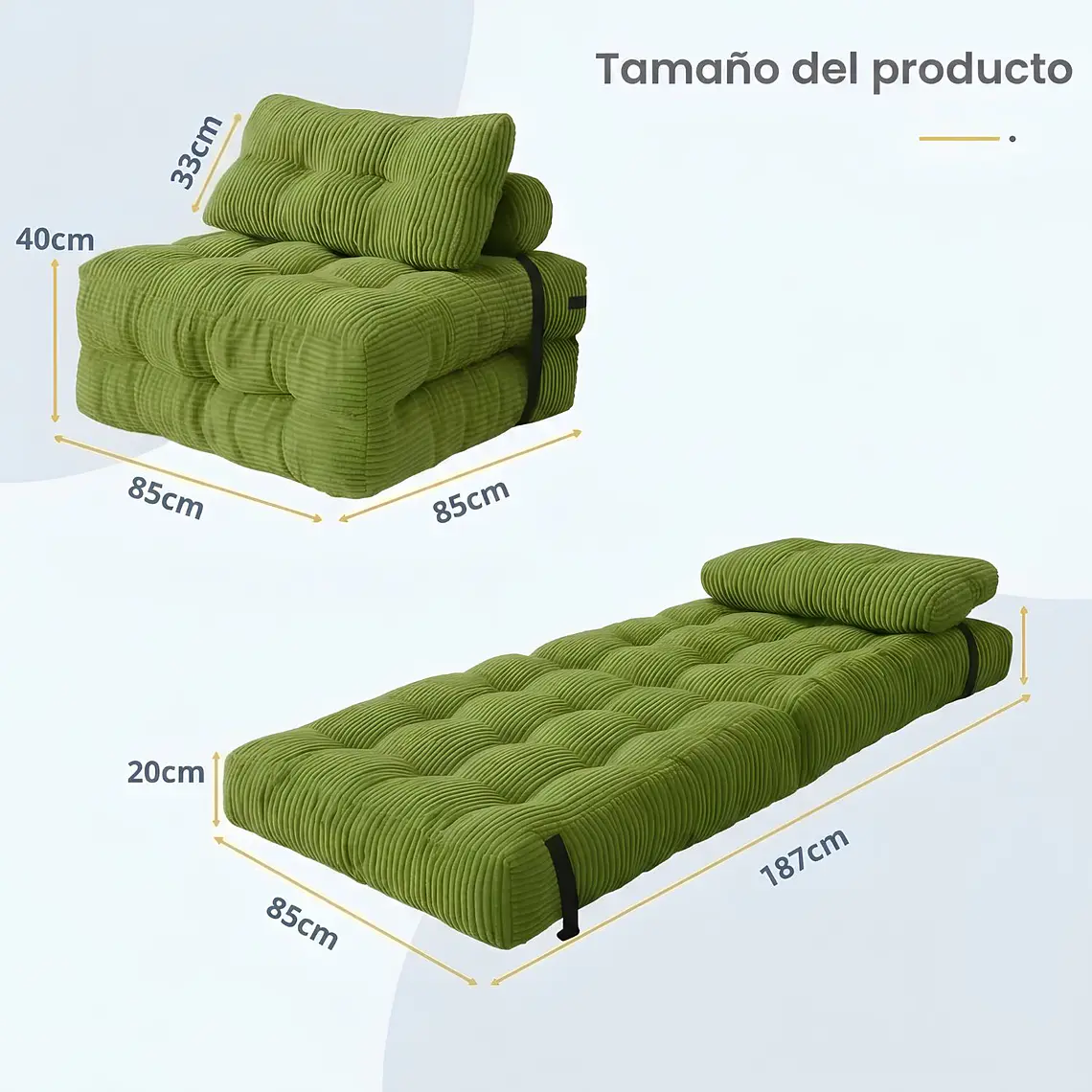Silla Sofá Cama 187x85cm Puff Plegable Acolchada Hogar Verde 4