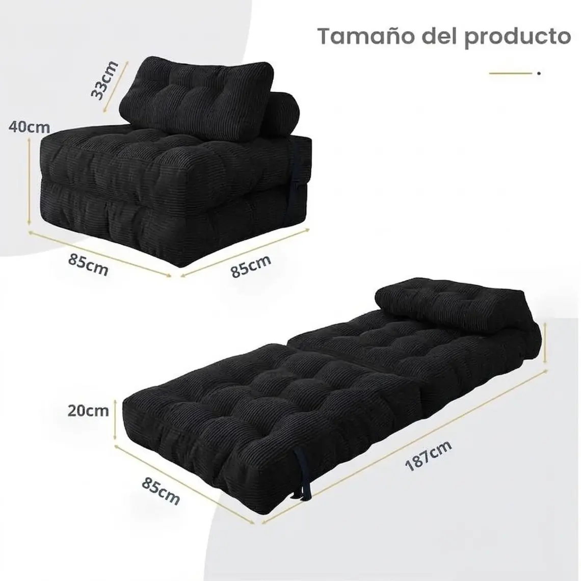 Silla Sofá Cama 187x85cm Puff Plegable Acolchada Hogar Negro 2