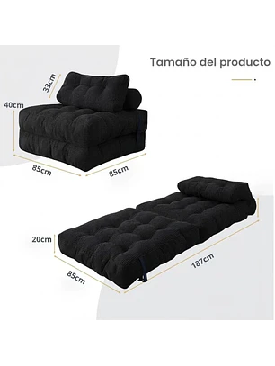 Silla Sofá Cama 187x85cm Puff Plegable Acolchada Hogar Negro