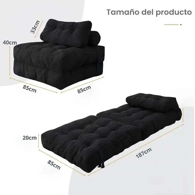 Silla Sofá Cama 187x85cm Puff Plegable Acolchada Hogar Negro 2