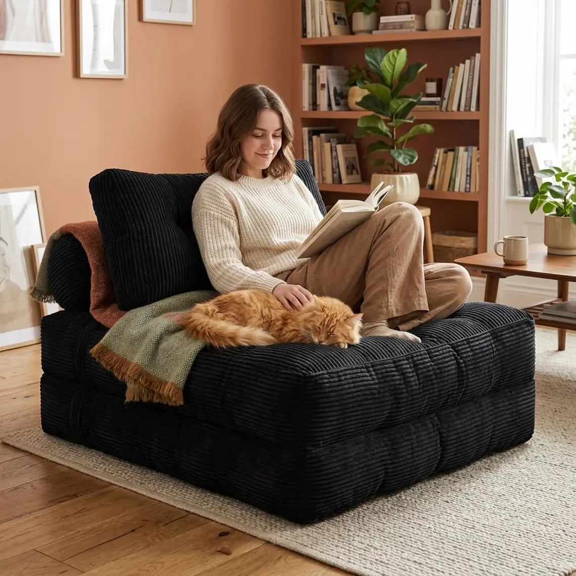 Silla Sofá Cama 187x85cm Puff Plegable Acolchada Hogar Negro 3
