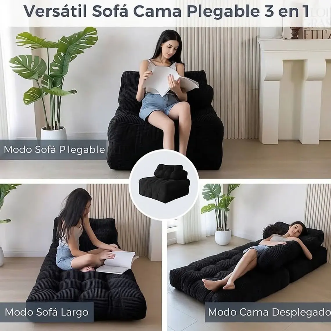 Silla Sofá Cama 187x85cm Puff Plegable Acolchada Hogar Negro 4
