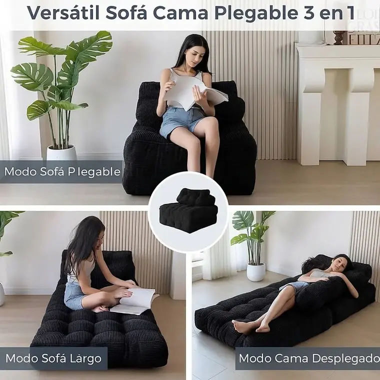 Silla Sofá Cama 187x85cm Puff Plegable Acolchada Hogar Negro 4