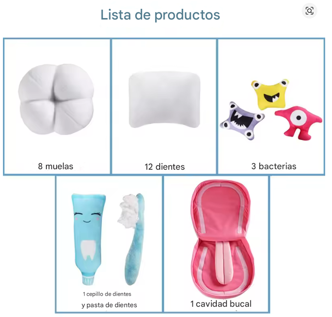 Boca de Peluche con diente, muela, bacteria, cepillo y pasta 5