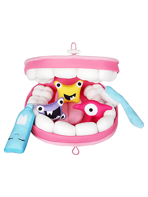 Boca de Peluche con diente, muela, bacteria, cepillo y pasta