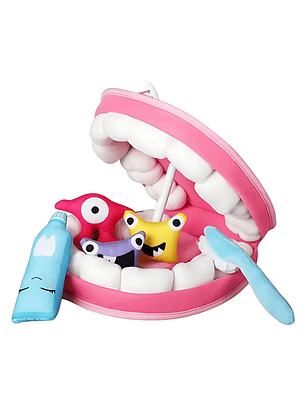 Boca de Peluche con diente, muela, bacteria, cepillo y pasta