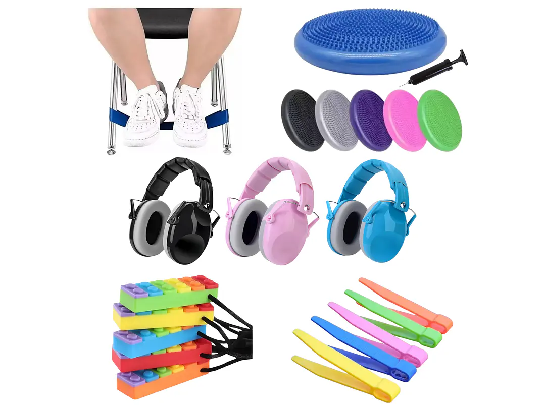 Kit Sensorial Escolar Colegio FULL / Cojín + Banda + Mordedor + Pinza + Audífono / TEA TDAH 1