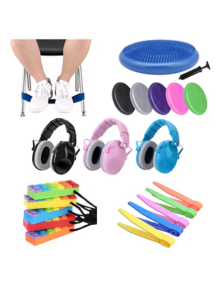 Kit Sensorial Escolar Colegio FULL / Cojín + Banda + Mordedor + Pinza + Audífono / TEA TDAH
