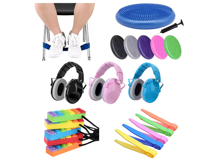 Kit Sensorial Escolar Colegio FULL / Cojín + Banda + Mordedor + Pinza + Audífono / TEA TDAH 1
