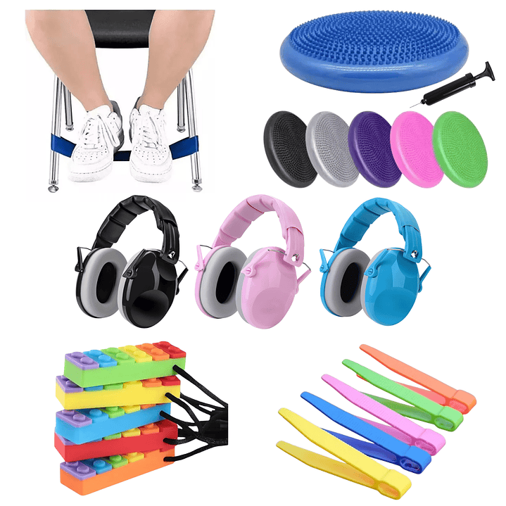 Kit Sensorial Escolar Colegio FULL / Cojín + Banda + Mordedor + Pinza + Audífono / TEA TDAH 1