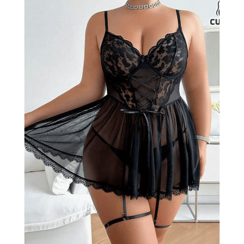 BABY DOLL ENCAJES EXTRA LINDA CON PORTALIGAS 