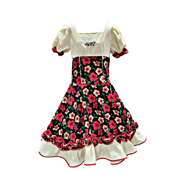 Vestido Huasa Chinita Floreado Fiestas Patrias Rojo-Blanco