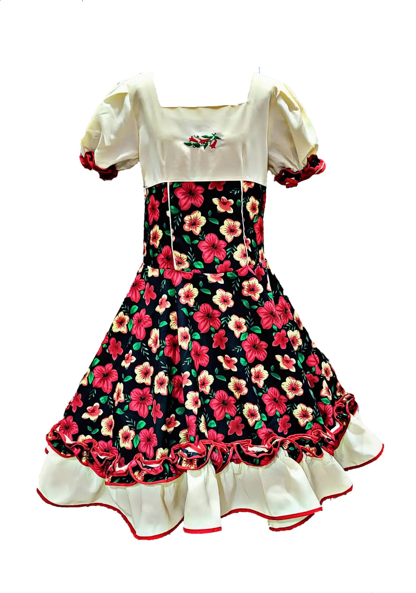 Vestido Huasa Chinita Floreado Fiestas Patrias Rojo-Blanco 1