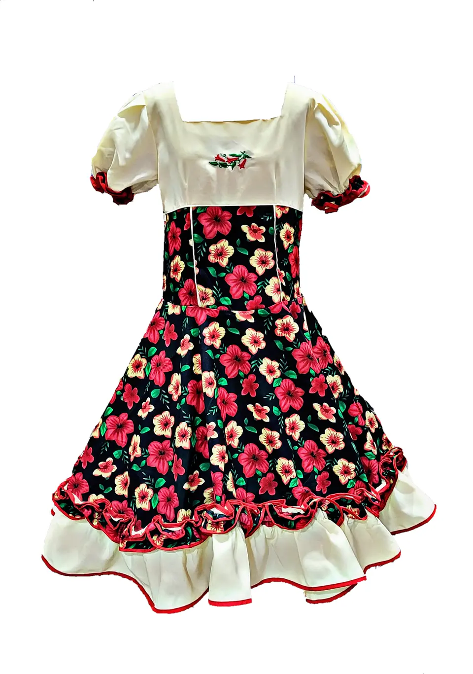 Vestido Huasa Chinita Floreado Fiestas Patrias Rojo-Blanco 1