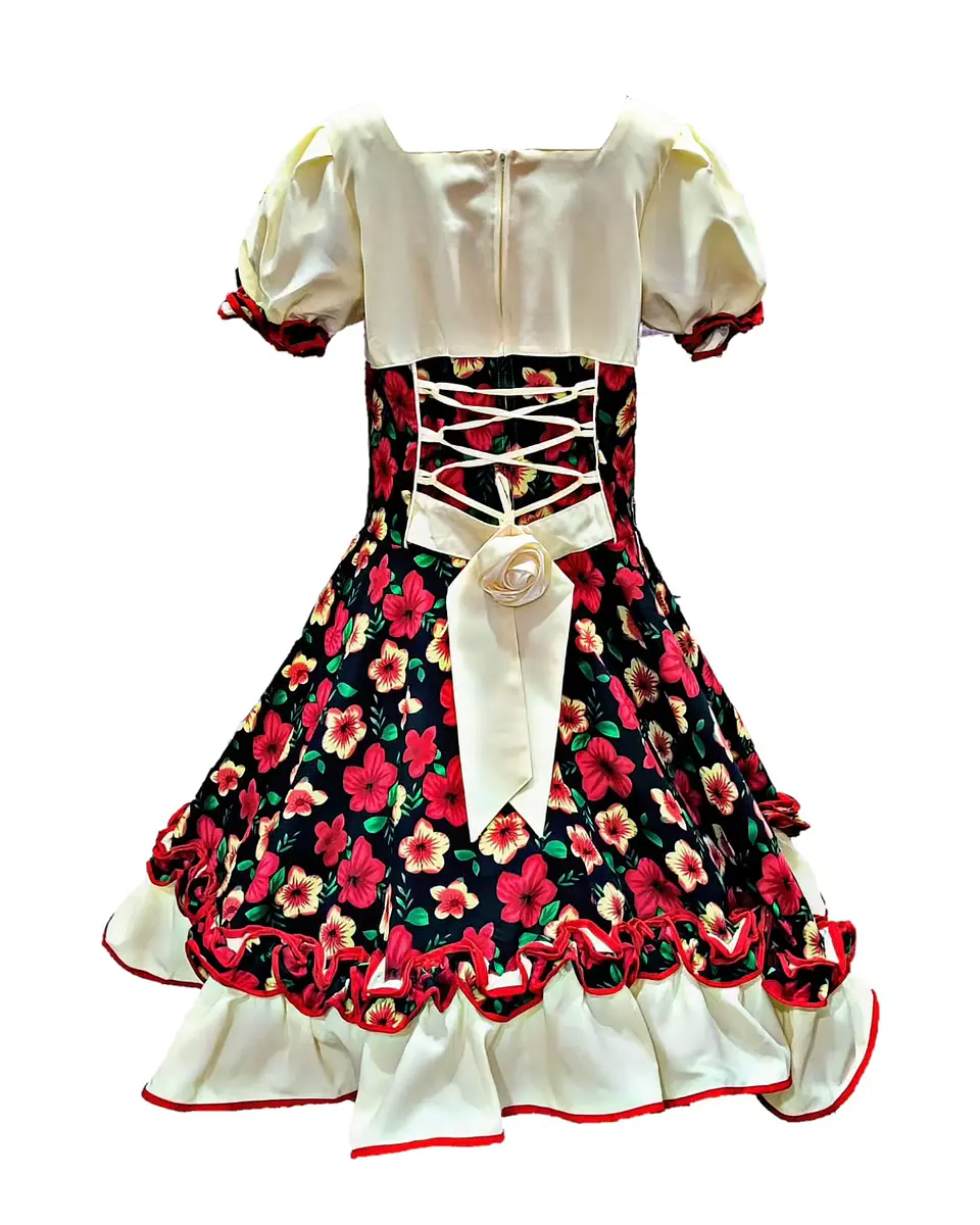 Vestido Huasa Chinita Floreado Fiestas Patrias Rojo-Blanco 2