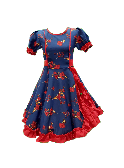Vestido Huasa Adulto Copihue Azul/Rojo