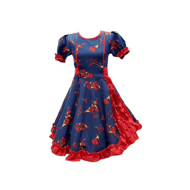 Vestido Huasa Niña Copihue Azul/Rojo