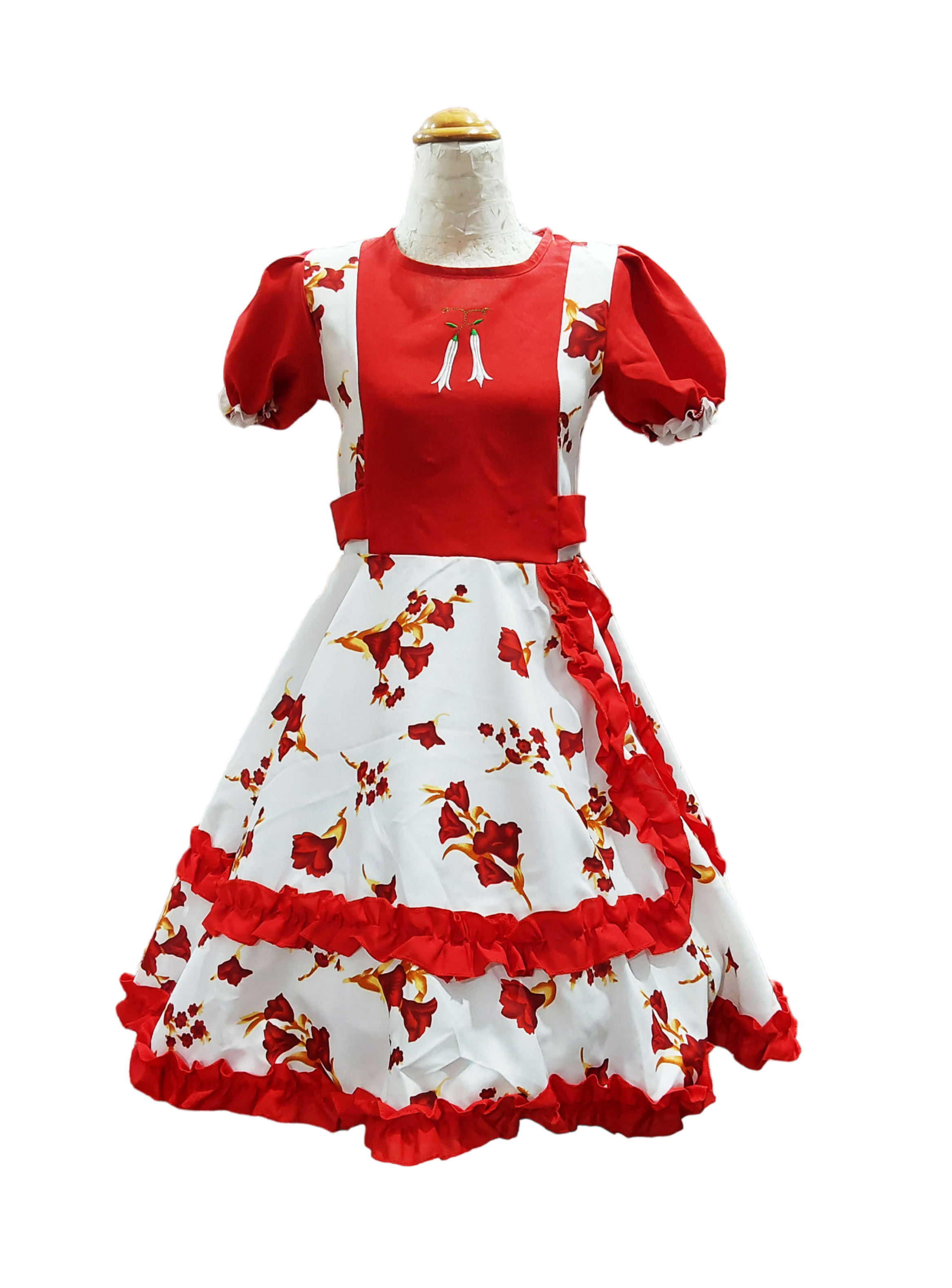 Vestido Huasa Niña Copihue Blanco/Rojo