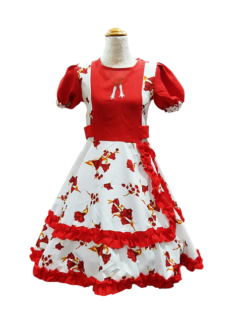 Vestido Huasa Niña Copihue Blanco/Rojo