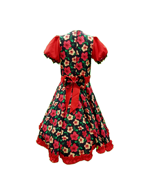 Vestido Huasa Niña Floreado Negro/Rojo