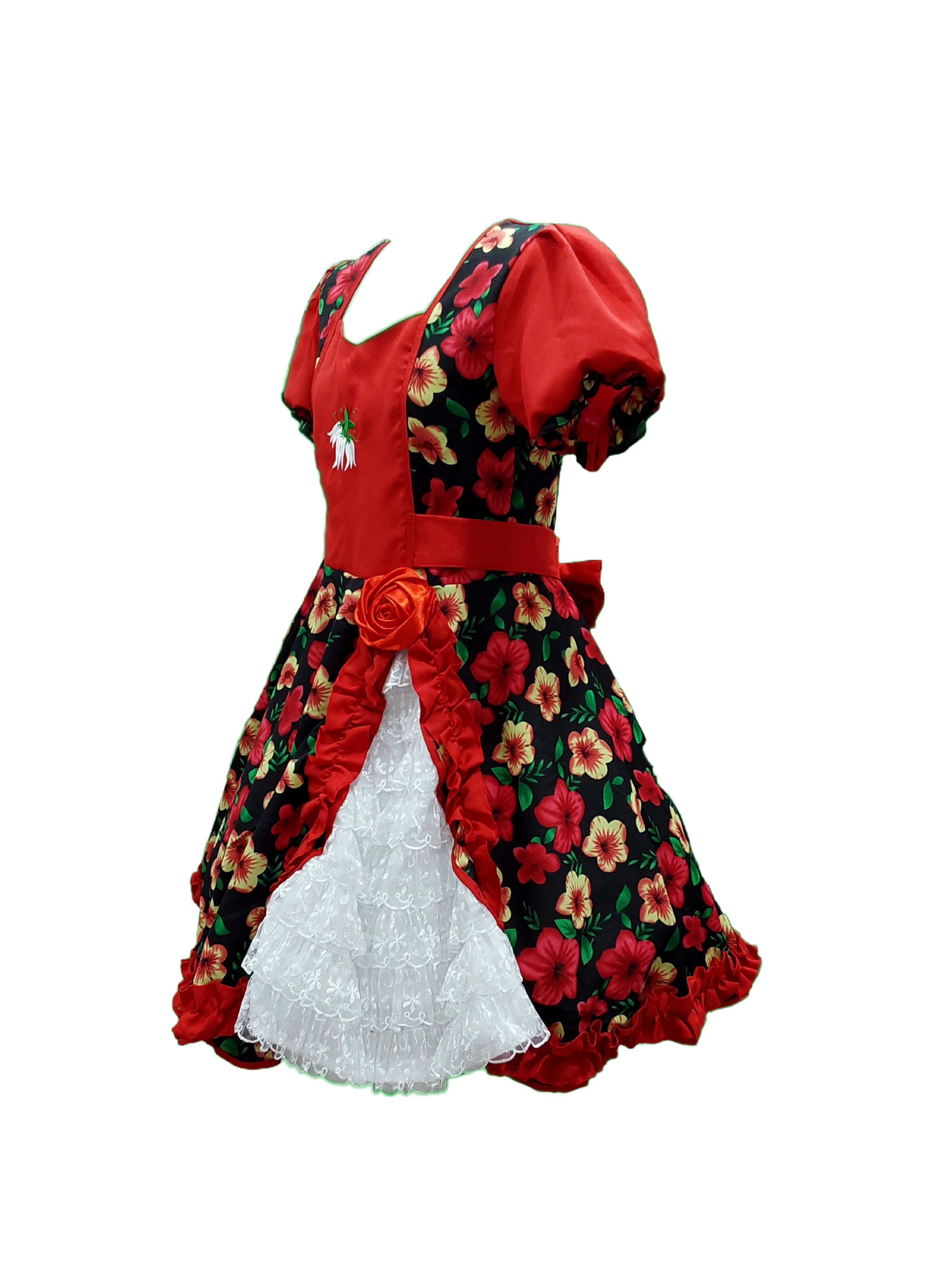 Vestido Huasa Niña Floreado Negro/Rojo
