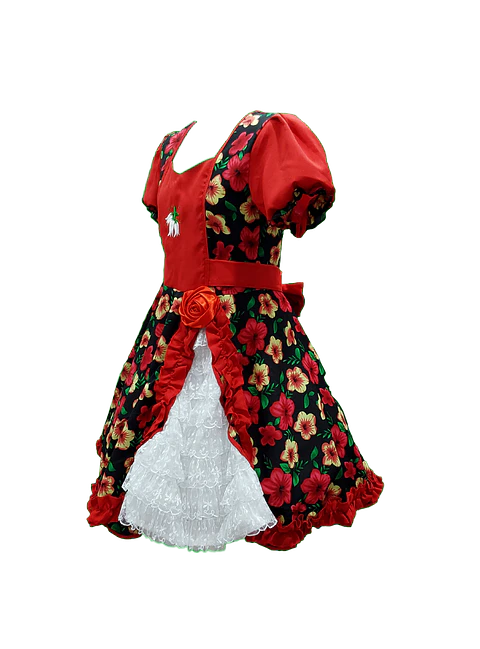 Vestido Huasa Niña Floreado Negro/Rojo