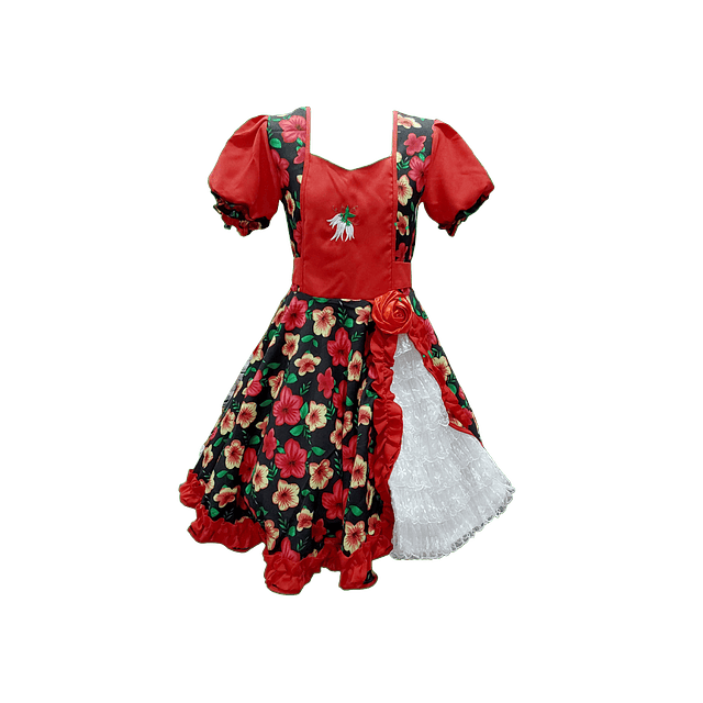 Vestido Huasa Adulto Floreado Negro/Rojo