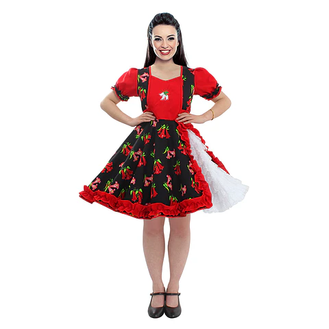 Vestido Huasa Adulto Floreado Negro/Rojo