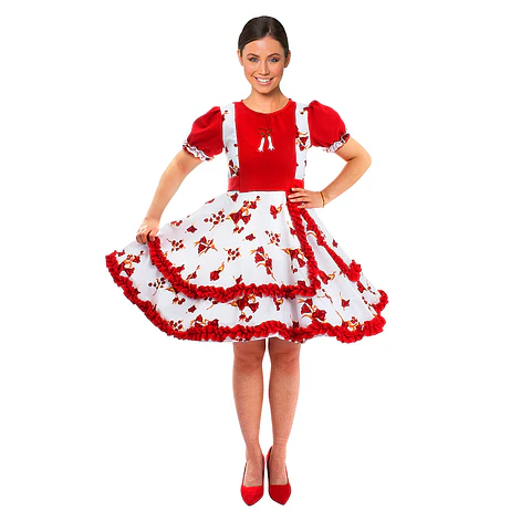 Vestido Huasa Adulta Copihue Blanco/Rojo