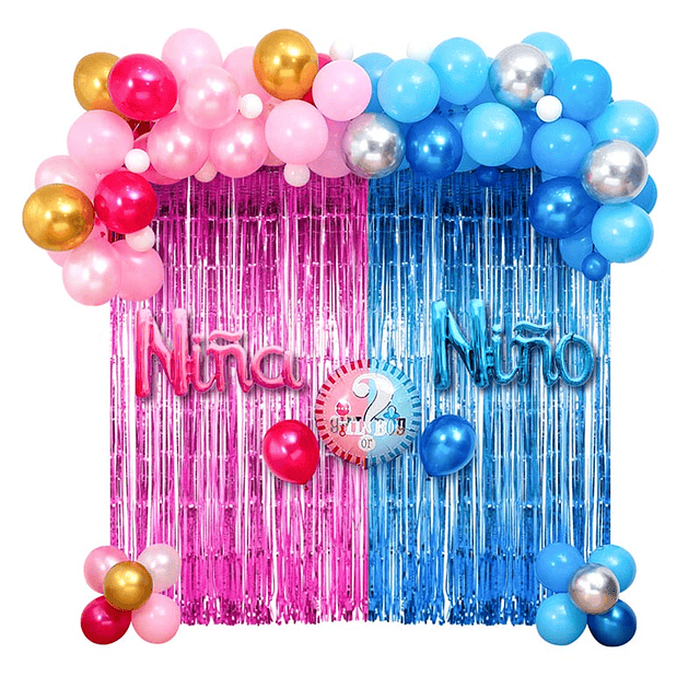 Set de globos y cortina decorativa de revelacion de genero
