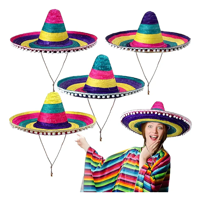 Sombrero Mexicano Paja Multicolor con Pompon