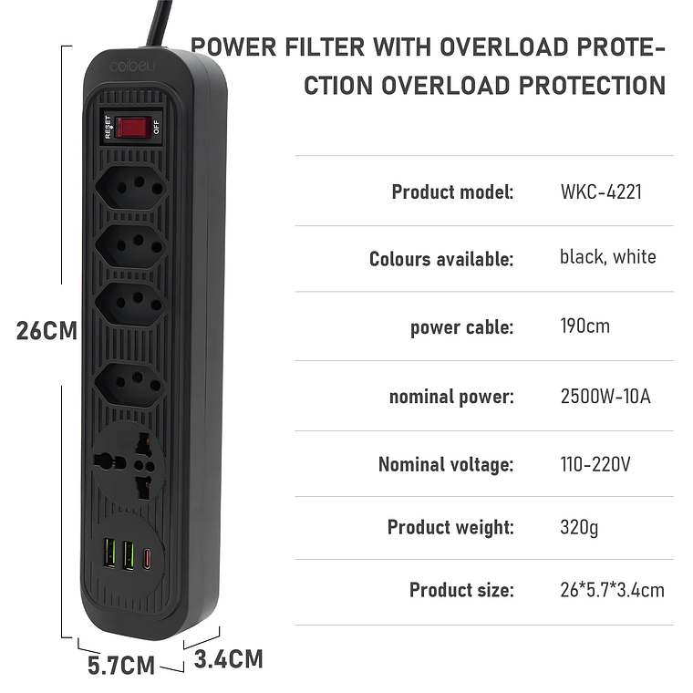 Toma de corriente USB de 2M, filtro de línea, enchufe, toma de extensión, toma de corriente extendida, torre de enchufe retráctil estándar de Brasil 6