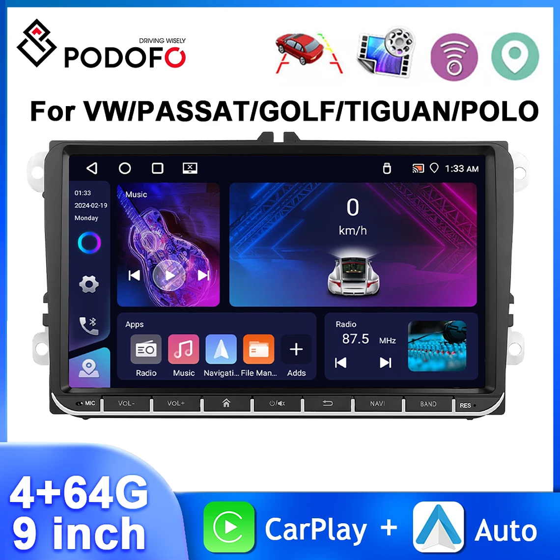 Podofo-Radio con GPS para coche, reproductor con Android, 4 + 64G, WIFI, 9 pulgadas, estéreo, Carplay, para VW/PASSAT/GOLF/SHARAN/POLO 1